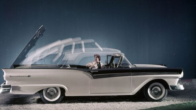 access-1957_ford_skyliner_multiple_exposure_neg_c760_201_resized Multiple-exposure marketing image of the 1957 Ford Fairlane 500 Skyliner's amazing power-retractable hardtop in operation. Image courtesy of Ford Heritage Vault.